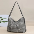 Retro washed leather shoulder bag for women in distressed grey with rivet details - Gray