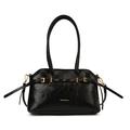 Chic black glossy tote bag with gold buckle detail and refined wrinkled texture - Small / Black