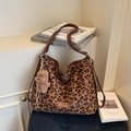 Chic leopard print canvas tote bag with brown leather straps and plush dog charm - Brown (With Plush Charm)