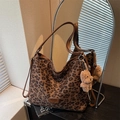 Fashionable leopard print tote bag with brown leather straps and plush bear charm - Coffee (With Plush Pendant)
