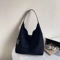 Minimalist black suede hobo bag with large capacity and heart pendant charm for daily use - Black