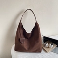 Dark brown suede tote bag in large capacity with leather strap for chic daily commute - Coffee