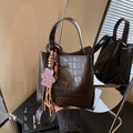 Dark brown crocodile textured bucket bag with leopard bear charm and adjustable strap - Coffee with Pendant