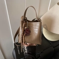 Brown crocodile embossed bucket bag with leopard heart bear charm and Macghee logo - Khaki with Pendant