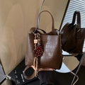 Retro dark brown bucket bag with crocodile texture and leopard print bear charm - Brown with Pendant