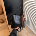 Elegant black crocodile texture handbag with leopard bear charm and shoulder strap - Black with Pendant