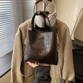 Dark brown crocodile embossed bucket bag with top handle and logo detail - Coffee without Pendant