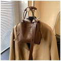 Brown crocodile embossed bucket bag with adjustable leather strap in stylish autumn look - Brown No Pendant