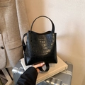 Classic black crocodile pattern bucket bag with detachable shoulder strap and top handle - Black without Pendant