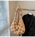 Detailed close-up of brown plush checkerboard tote bag with soft fuzzy texture - Brown