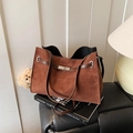 Brown suede tote bag with metal twist lock and cute plush bear charm on the strap - Coffee with Pendant