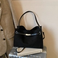 Retro black matte tote bag with silver metal turn-lock and smooth leather straps - Black without Pendant
