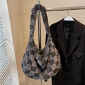 Grey checkered plush shoulder bag with soft faux fur texture and large capacity - Black