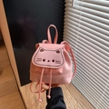 Pink mini backpack with cartoon cat embroidery and drawstring closure in matte finish - Pink