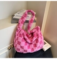 Pink plush checkerboard tote bag featuring soft faux fur and wide shoulder strap - Rose Pink