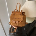 Chic brown faux suede mini backpack for women featuring a cute cartoon cat face detail - Brown