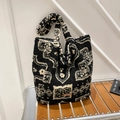 Fleece tote bag with black and white abstract geometric pattern and leather label - Black