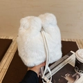 Chic white faux fur bucket bag with drawstring closure and slim crossbody strap - White