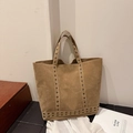 Vintage braune Shopper Tasche aus Wildlederimitat mit Metallösen und viel Stauraum - Khaki