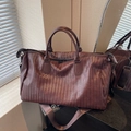 Dark brown large capacity travel bag with woven texture leather and shoulder strap - Coffee