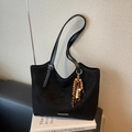 Large black suede tote bag with vintage beaded pendant for women's office commute - Black with Pendant