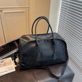 Retro black faux leather travel bag with large capacity and adjustable shoulder strap - Black