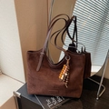 Dark brown suede tote bag with vintage beaded tassel and adjustable shoulder strap - Coffee with Pendant