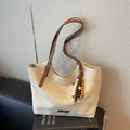Retro cream beige tote bag in suede texture with brown leather handles and bead charm - Beige With Charm