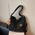 Retro black canvas tote bag with a brown logo patch and a cute plush bear pendant - Black with Pendant