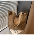 Detail view of the khaki canvas tote bag showing the Midolai logo and sturdy sewing - Brown