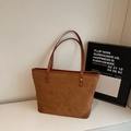 Brown faux suede tote bag featuring embossed cartoon bears and flower patterns - Brown No Pendant