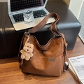 Brown large capacity canvas tote bag with shoulder strap and plush bear charm for daily commute - Brown with Pendant