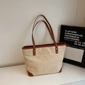 Retro beige tote bag with embossed bear pattern and brown leather trim accents - Rice White (No Pendant)