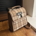 Sac à dos vintage à carreaux marron avec écusson ours et bretelles en cuir réglables - Kaki