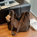 Large dark brown vintage tote bag in matte fabric with a cute plush bear pendant - Coffee with Pendant