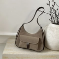 Retro coffee brown large hobo bag in matte suede with vintage metal buckle and flap - Khaki