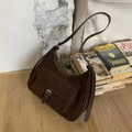 Dark brown suede crescent tote bag with silver buckle pocket and adjustable strap - Brown