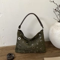 Sac bandoulière en daim vert foncé avec rivets métalliques et sangles réglables marron - Vert