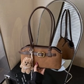 Vintage brown matte shoulder bag with sleek leather trim and a cute plush dog charm - Brown with Pendant