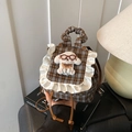Mini grijze geruite rugzak met pluchen puppy en witte satijnen ruches rand - Grijs
