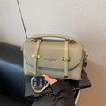 Elegant bean green satchel bag in litchi grain leather with gold buckle detail - Green