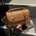 Vintage brown lychee grain leather satchel bag with golden buckle and slim strap - Brown