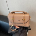Fashionable light khaki Boston bag in litchi leather with gold hardware and top handle - Khaki