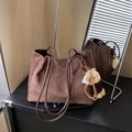 Brown faux suede tote bag with laser-cut floral patterns and a teddy bear charm - Coffee with Pendant