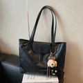 Large black PU leather tote bag with flap buckle and cute plush dog pendant charm - Black with Pendant