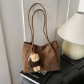 Retro brown suede tote bag with floral cutouts and cute bear charm for daily commute - Brown with Pendant