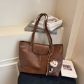 Retro deep brown large tote bag with textured faux leather and plush bear charm - Brown with Pendant