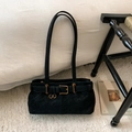 Minimalist black suede shoulder bag with vintage gold buckle and ring details - Black without Pendant