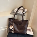 Deep brown retro faux leather tote bag with plush bear charm and magnetic flap closure - Coffee with Pendant