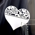 White heart-shaped laser cut wine glass name card with elegant rose floral patterns - White